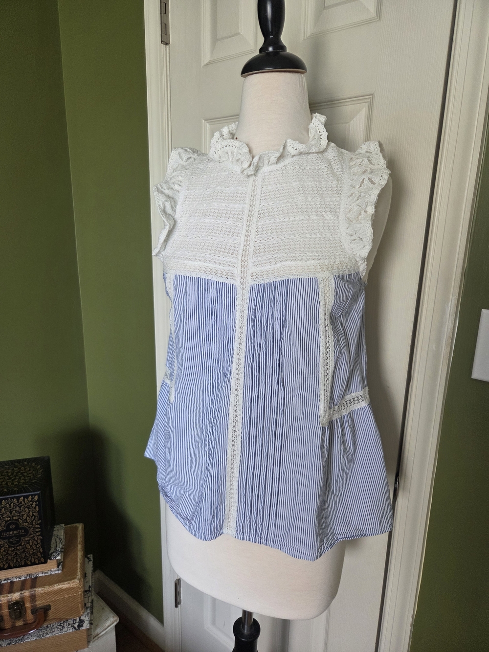 Sezane White Lace & Blue Stripe Sleeveless Camisole